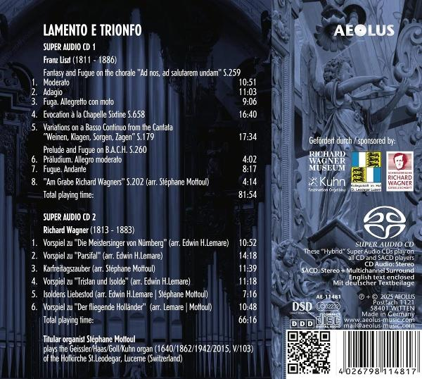 CD-Cover mit Text über Musik von Liszt und Wagner, mit einer Kirchenorgelzeichnung und Logos.