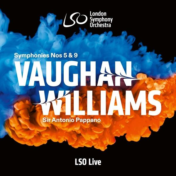 Albumcover. Weißer Text liest sich 'VAUGHAN WILLIAMS' auf blauem und orangefarbenem Rauchhintergrund. 'London Symphony Orchestra' oben.