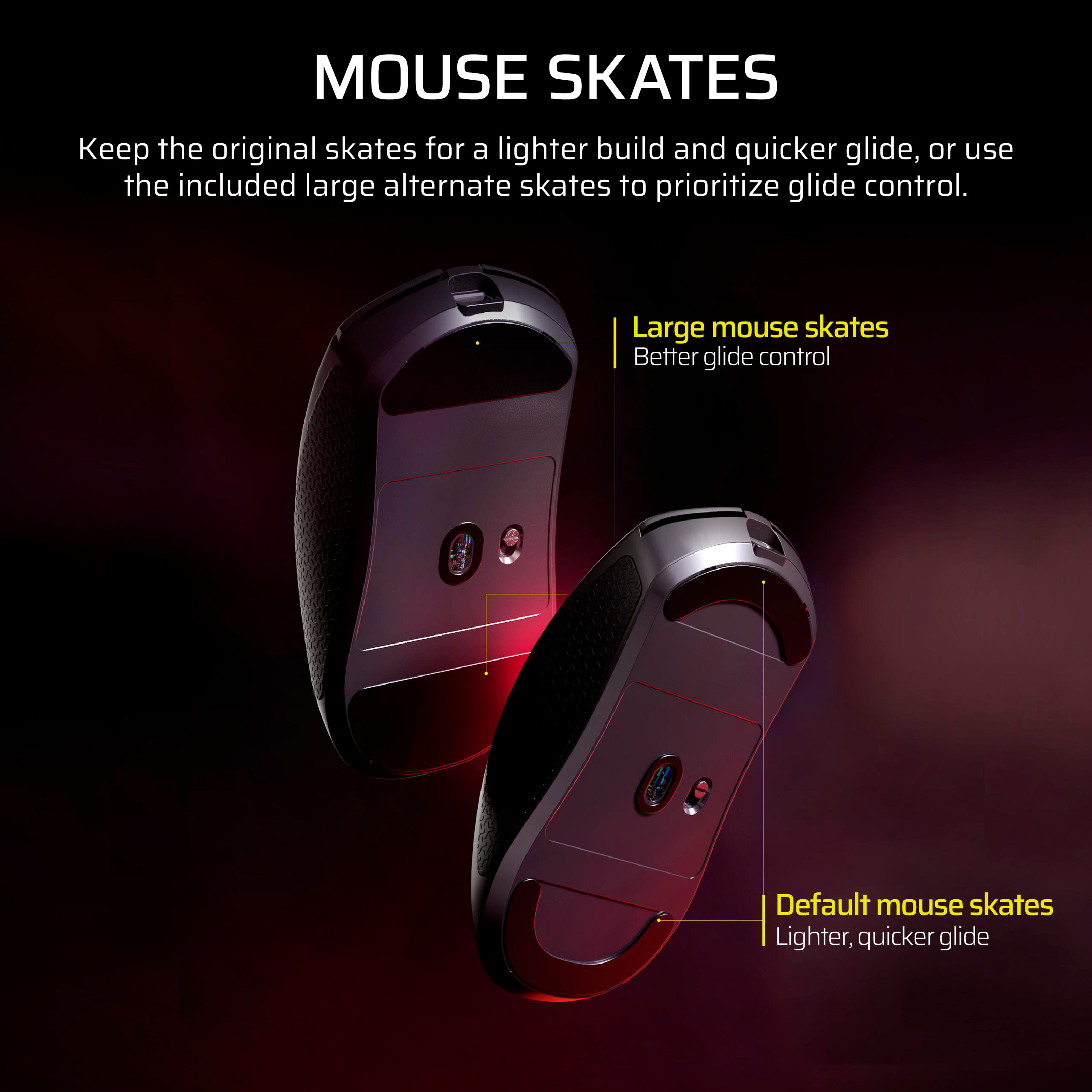 Zwei schwarze Computermäuse mit Etiketten für verschiedene Skates. Eines sagt 'Große Maus-Skates, bessere Gleitkontrolle'.