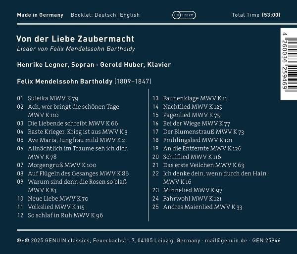 CD-Cover, schwarzer Hintergrund, weißer Text. Titel: Von der Liebe Zaubermacht. Komponist: Felix Mendelssohn Bartholdy. Sopran: Henrike Legner.