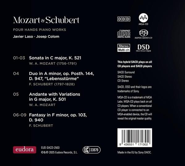 CD-Cover mit Text über Mozart & Schubert Kompositionen, Titellisten und Logos für Audioformate.