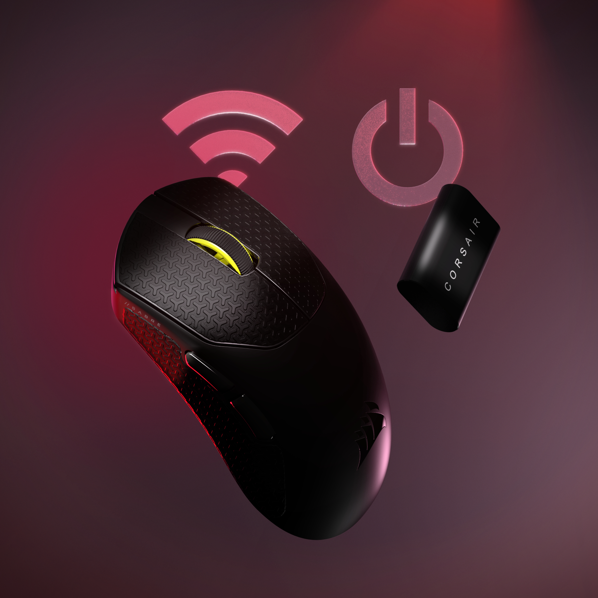 Schwarze Corsair Gaming-Maus mit gelbem Scrollrad, WLAN-Symbol, Ein-/Aus-Taste und einem schwarzen Empfänger auf Gradientenhintergrund.