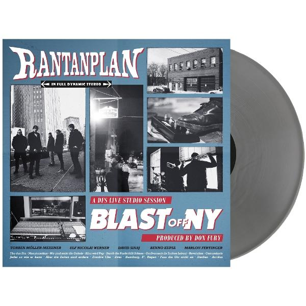 Albumcover für Rantanplans "Blast Off NY". Enthält Bandfotos, eine Stadtlandschaft und ein Mischpult. Rechts eine Schallplatte.