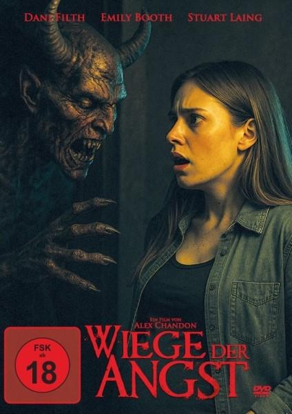 Filmposter mit einer verängstigten Frau, die eine dämonische Figur mit Hörnern ansieht. Titel: Wiege der Angst.