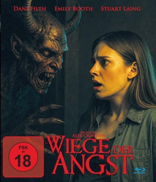 Filmplakat zeigt Dämon und erschrockene Frau. Roter Titel: Wiege der Angst. Bewertung: 18.