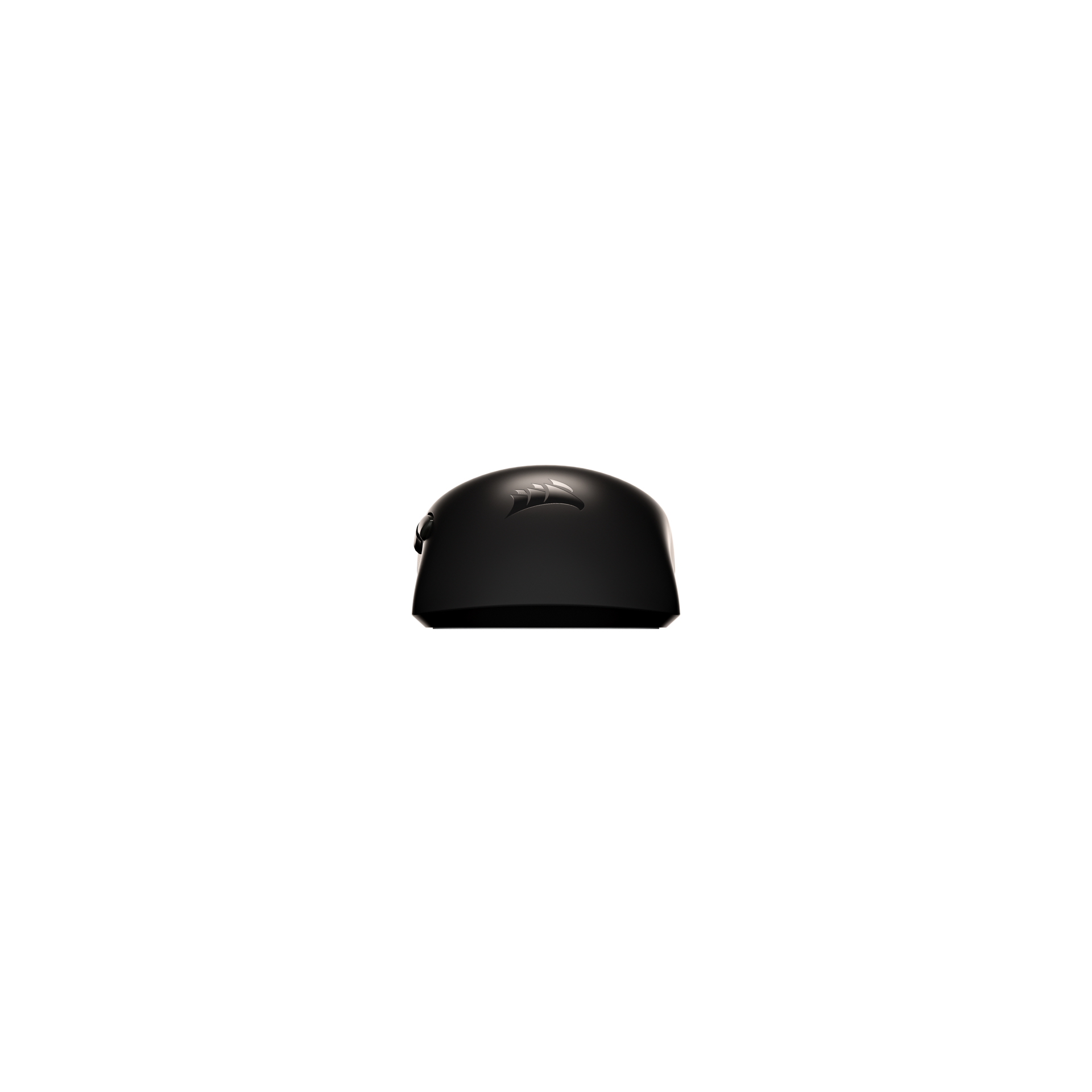 Eine schwarze Computermaus auf weißem Hintergrund. Die Maus hat das Corsair-Logo darauf.