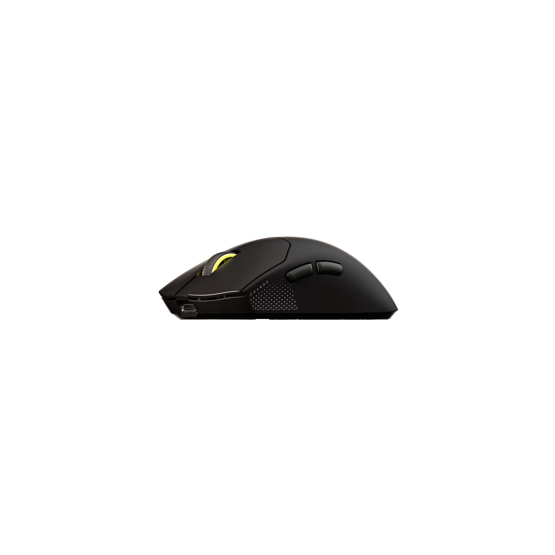 Eine schwarze, kabellose Computermaus mit gelben Akzenten. Sie hat zwei Tasten, ein Scrollrad und einen USB-C-Anschluss.