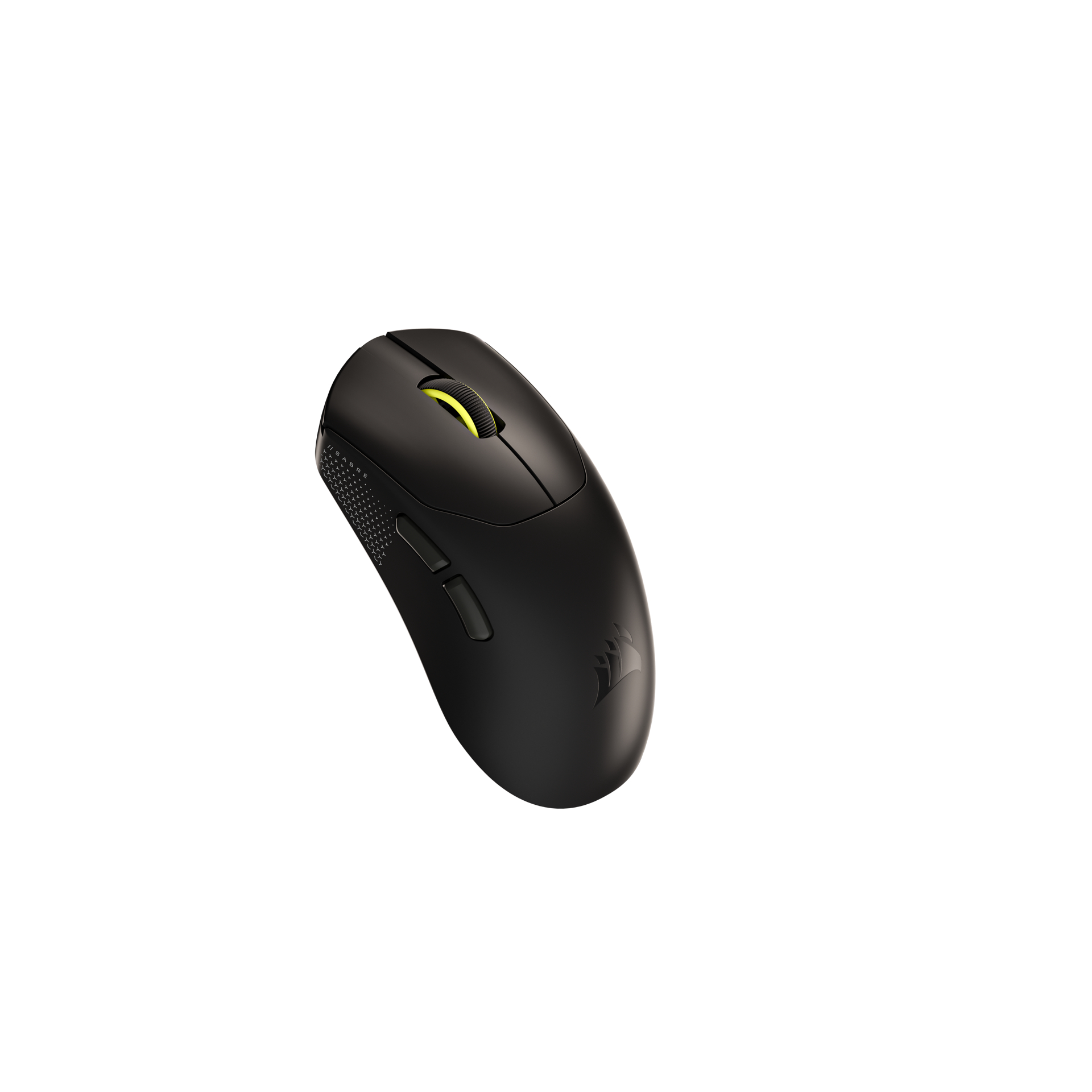 Eine schwarze Computermaus mit gelbem Scrollrad vor weißem Hintergrund. Die Maus hat zwei Seitentasten.