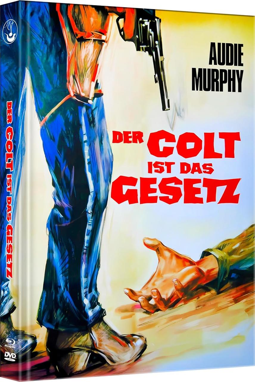 Filmposter zeigt einen Mann mit einer Waffe und eine ausgestreckte Hand. Text: 'Der Colt ist das Gesetz' und 'Audie Murphy'.