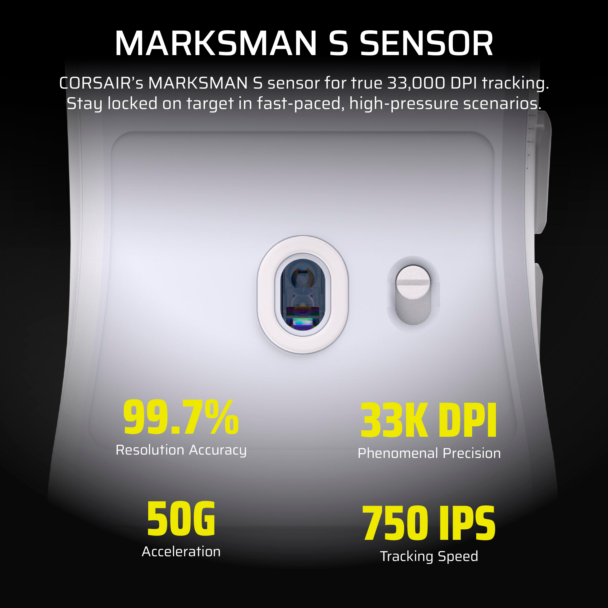 Weißer Maus-Sensor mit Text: 99,7 % Genauigkeit, 33K DPI, 50G Beschleunigung und 750 IPS Tracking-Geschwindigkeit.