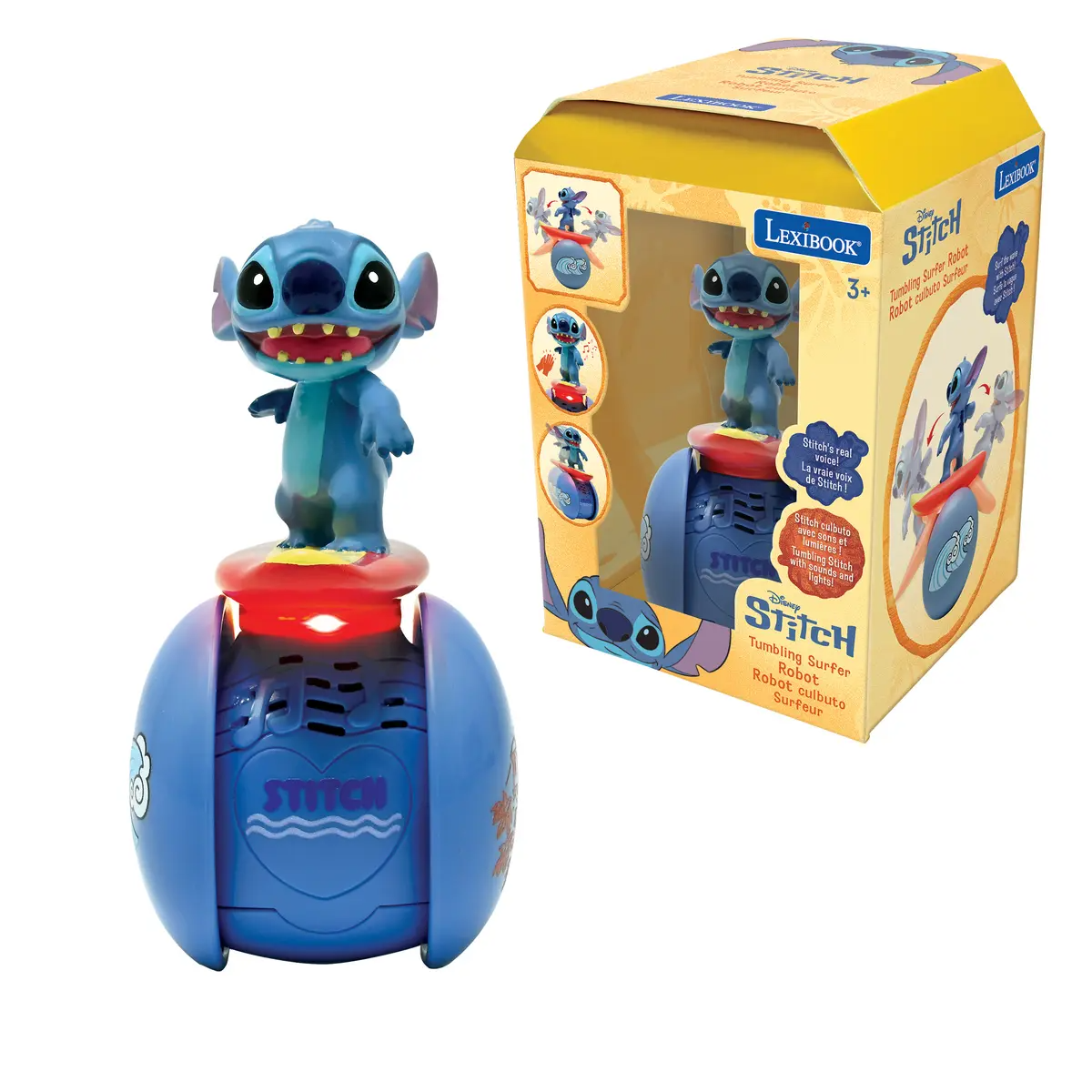 Egy Stitch játékrobot van kiállítva. Kék színű, kék alapon áll. A dobozon Stitch és a robot látható.