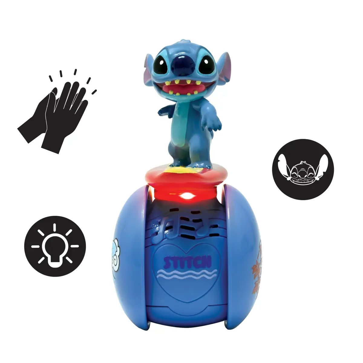 Egy kék Stitch játék egy piros talapzaton áll egy kék gömb tetején. A játékon fény-, taps- és villanykörte ikonok vannak.