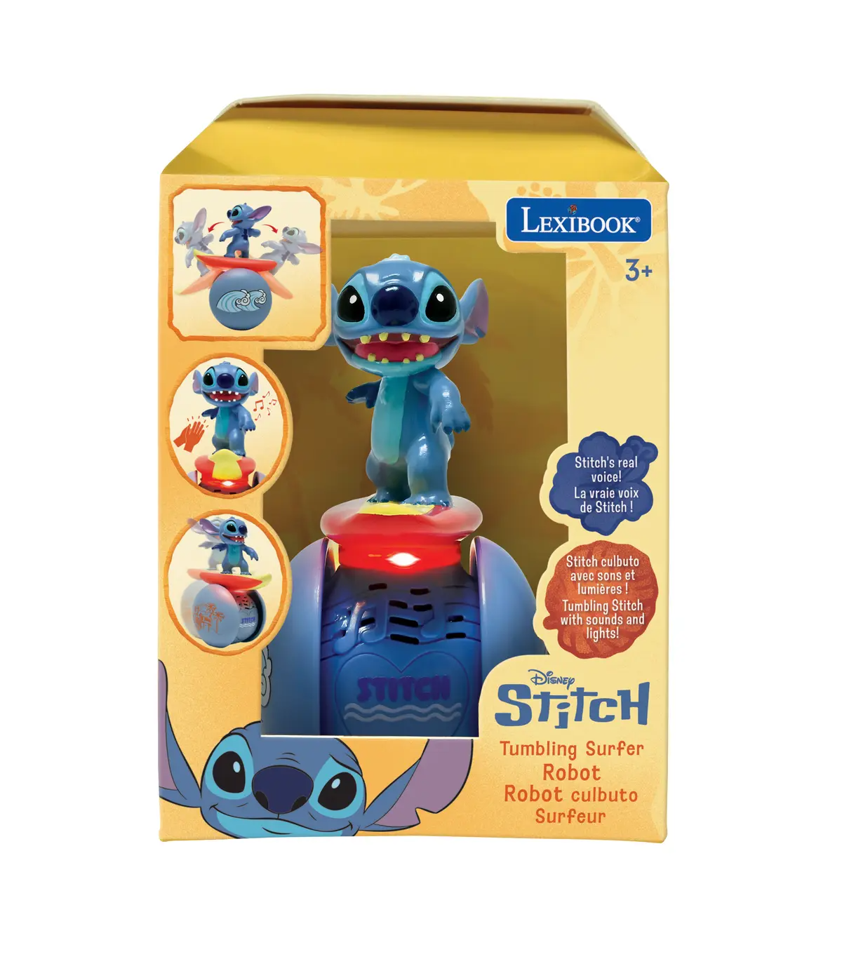 Egy Stitch játék látható a dobozon. Ez egy robot játék hanggal és fénnyel, Stitch-csel a tetején.