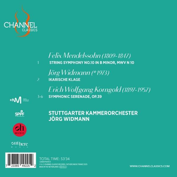 CD-Cover mit Text: Felix Mendelssohn, Jörg Widmann, Erich Wolfgang Korngold. Orchestername und Logo. Türkisfarbener Hintergrund.