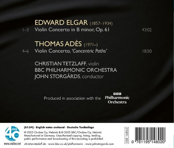 CD-Cover mit Text über Edward Elgar und Thomas Adès Violinkonzerte. Mit Christian Tetzlaff, BBC Philharmonic Orchestra.