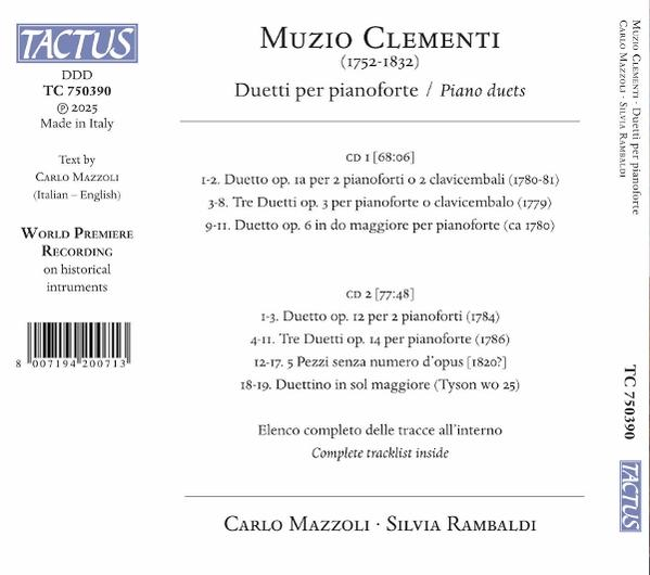 CD-Cover für Muzio Clementis Piano Duette. Text enthält den Namen des Komponisten, Titelliste und Künstlernamen.