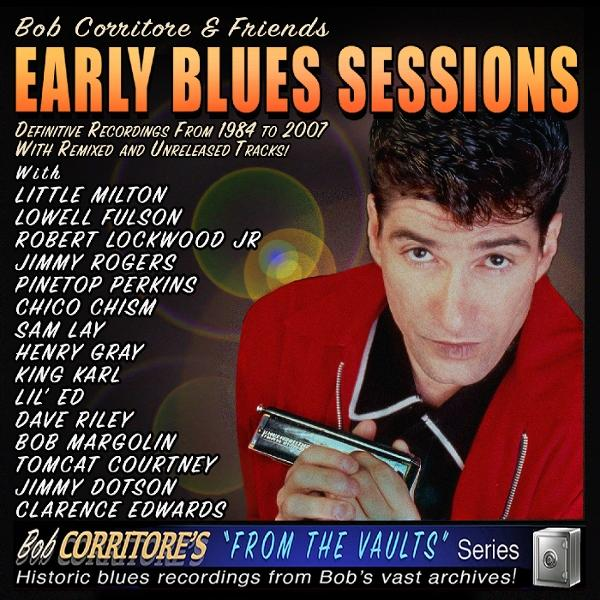 Albumcover mit einem Mann, der eine Mundharmonika hält. Text enthält "Early Blues Sessions" und Künstlernamen. Rote Jacke und schwarzes Hemd.