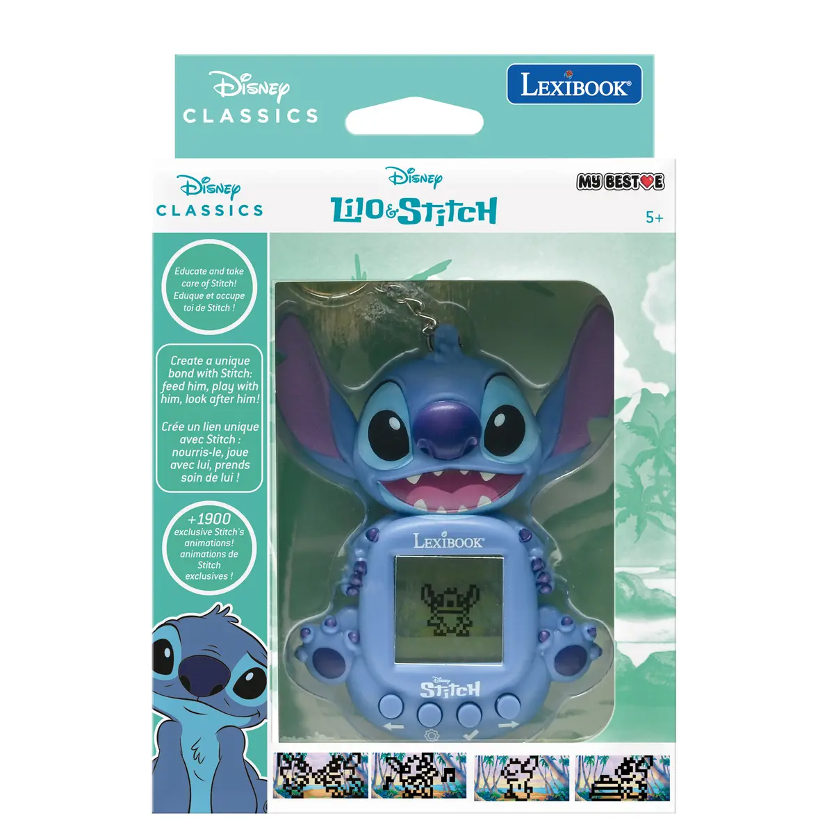 Egy kék Stitch játék képernyővel, Disney Classics márkájú dobozba csomagolva, Lexibook logóval.