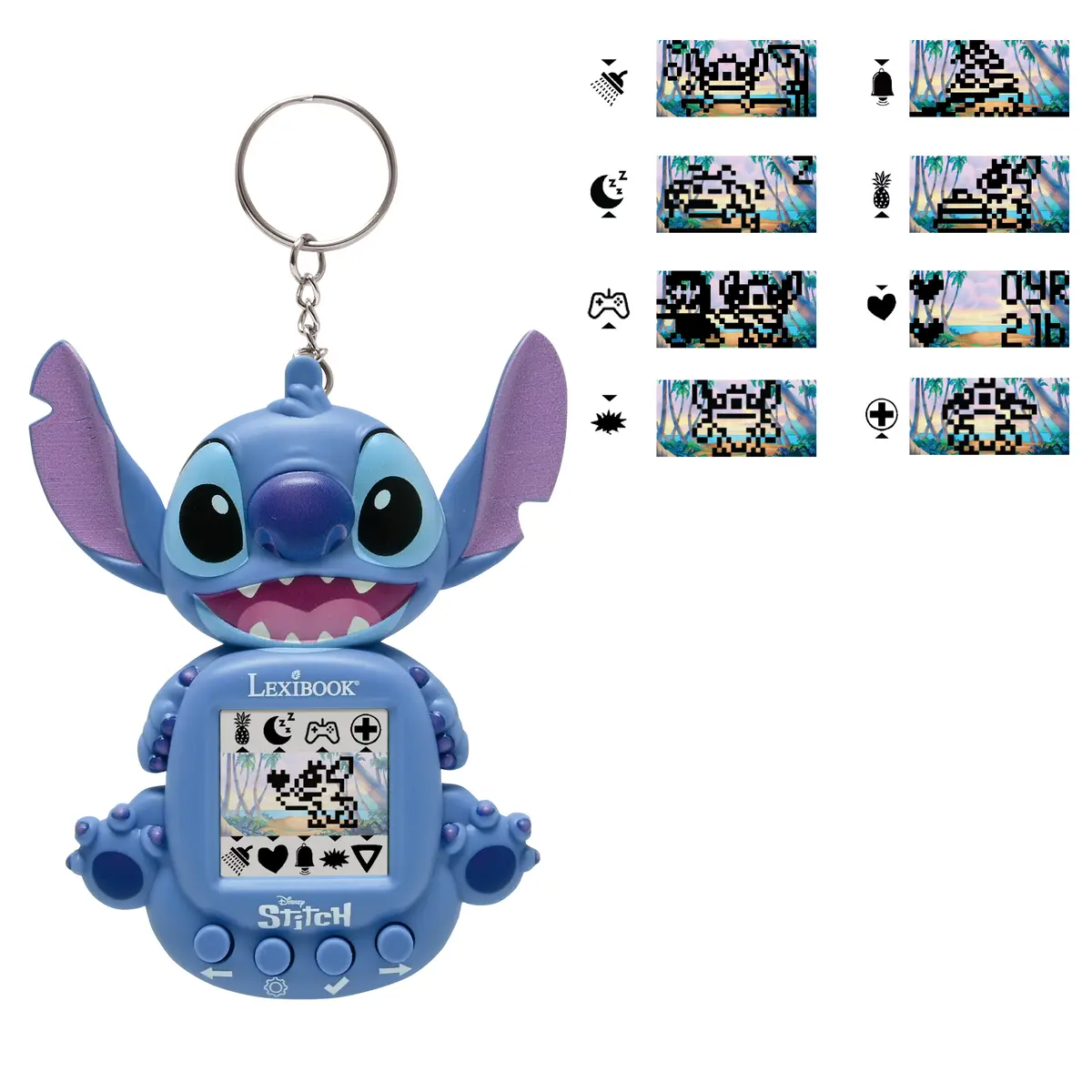 Egy kék Stitch játék egy kulcstartóhoz van rögzítve. Egy képernyője van, amely egy pixeles Stitch-et mutat. További pixeles ikonok veszik körül a képernyőt.