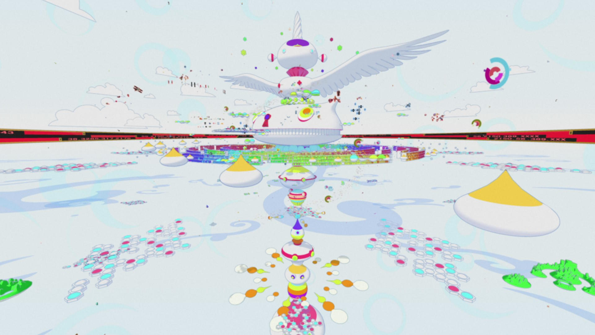 Flugobjekte mit Flügeln und Einhorn über einer bunten, surrealen Landschaft.