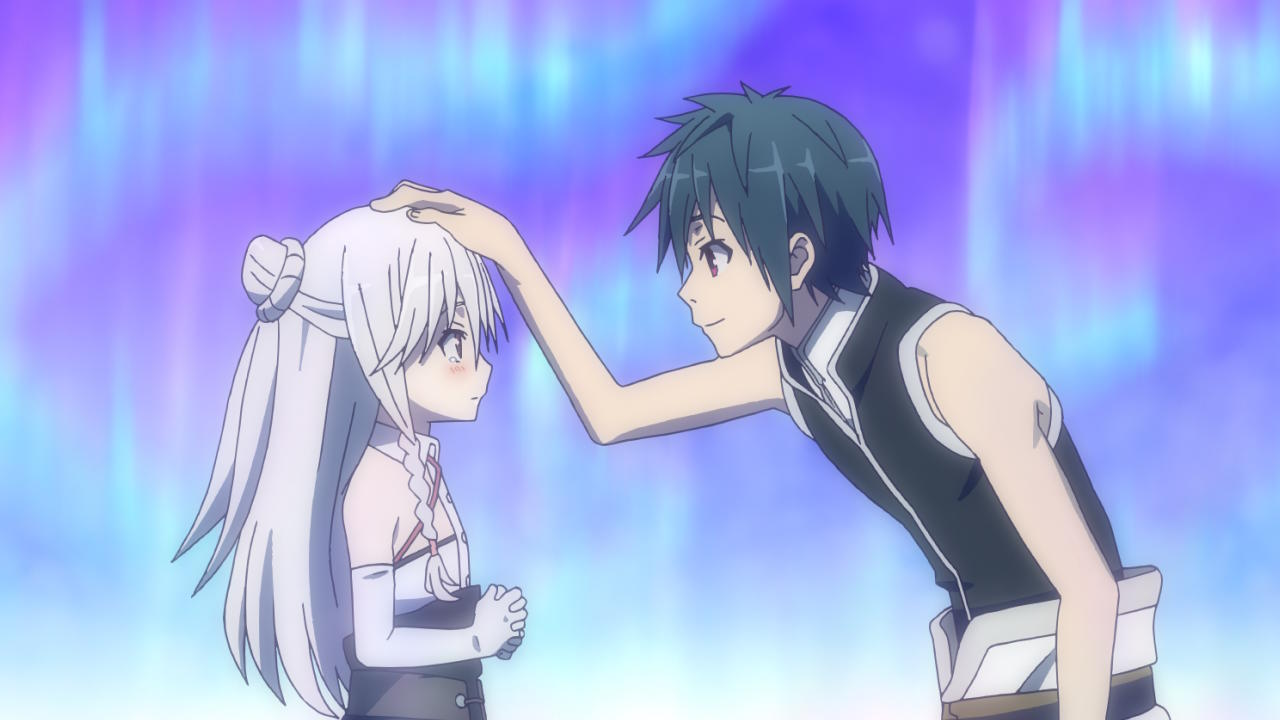 Anime-Szene: Ein Mann mit dunklen Haaren berührt den Kopf eines Mädchens mit weißen Haaren. Sie stehen vor einem verschwommenen lila-blauen Hintergrund.