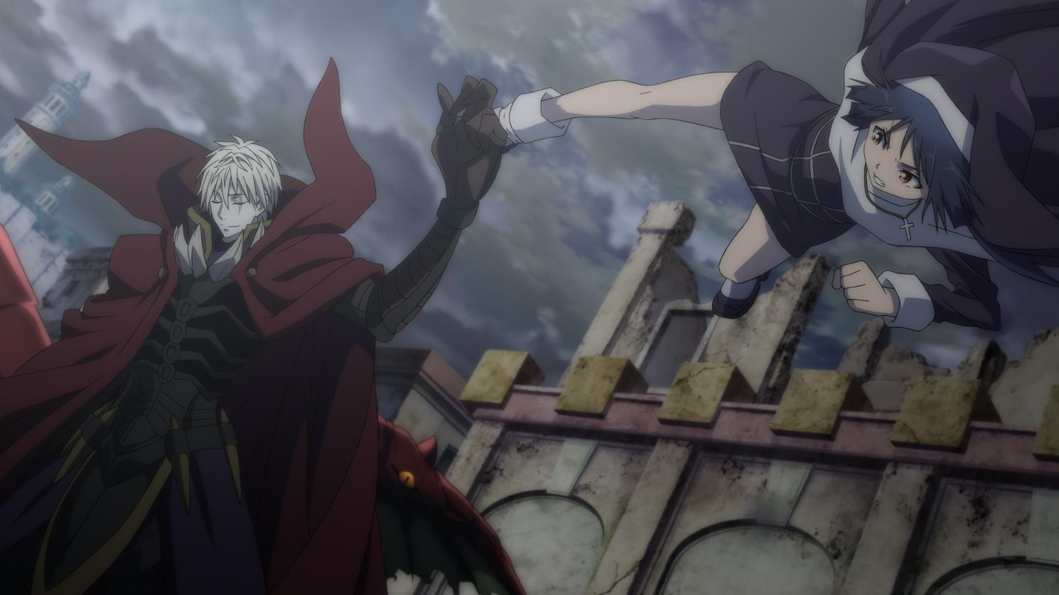 Anime-Szene: zwei Charaktere, einer mit weißem Haar und rotem Umhang, der andere in Nonnenkleidung. Sie greifen in einer dramatischen Pose nacheinander.