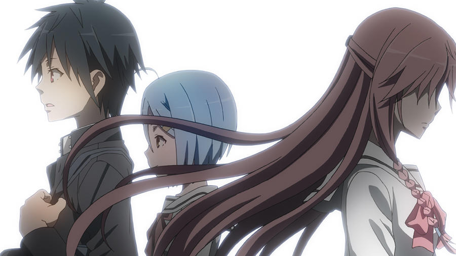 Anime-Stil-Bild von drei Personen. Ein Junge links, ein Mädchen in der Mitte und ein Mädchen rechts, alle schauen nach links.