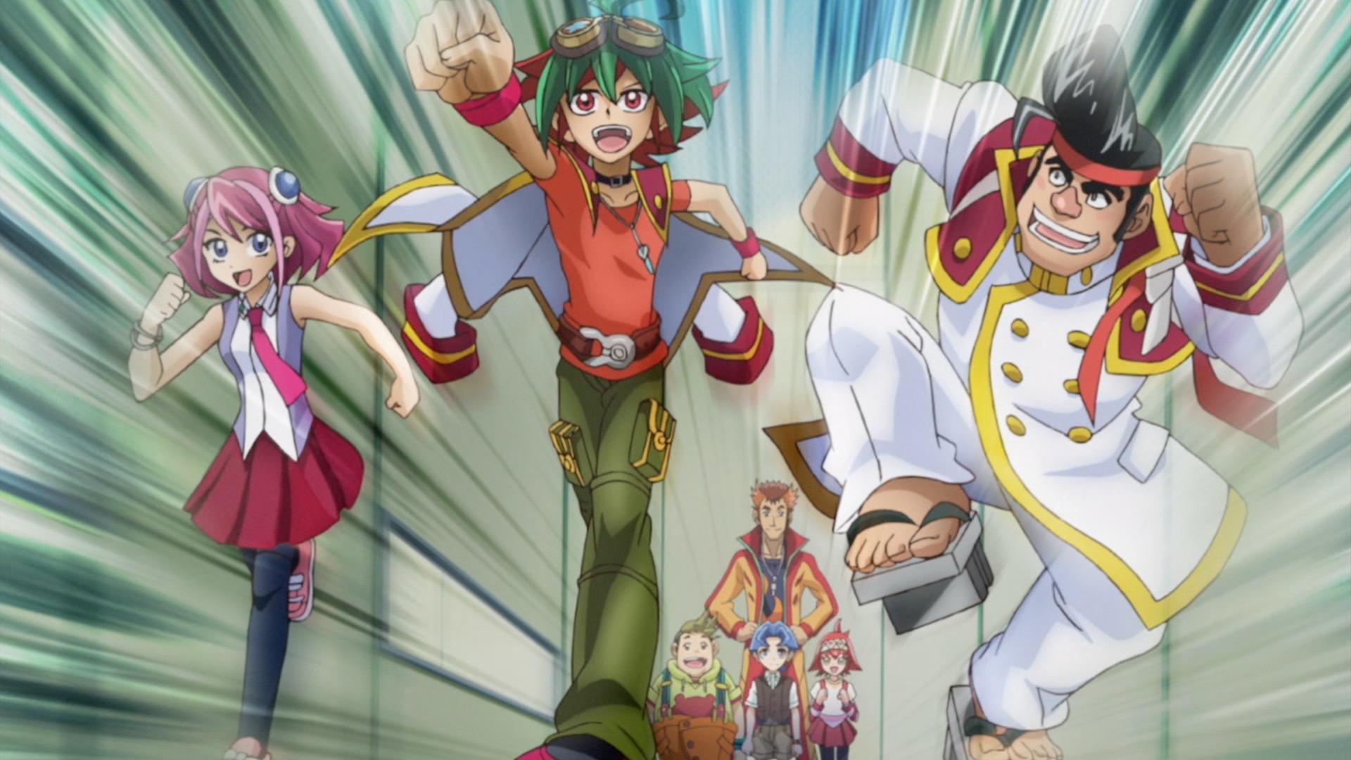 Anime-Charaktere, die nach vorne rennen, eine Gruppe von Leuten, darunter ein Mädchen mit rosa Haaren und ein Mann in weißer Uniform.