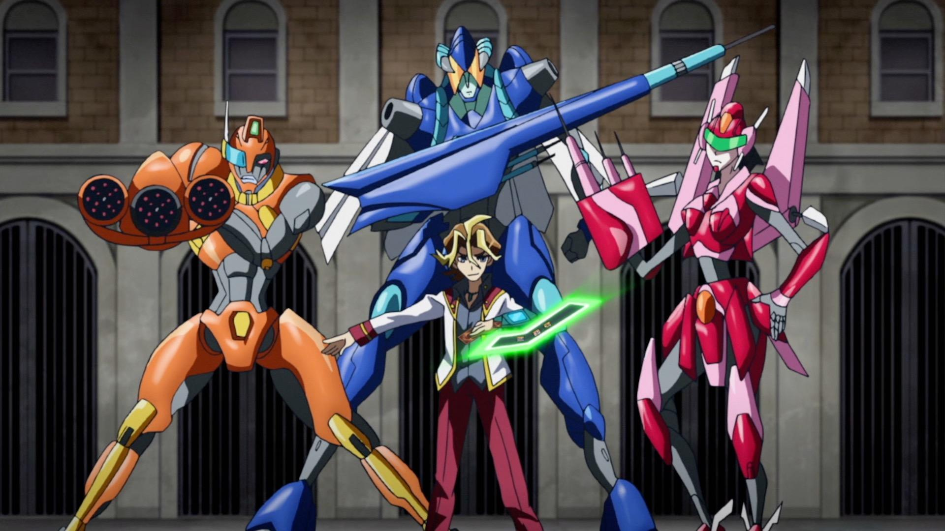 Animeszene: ein Junge mit Roboterfiguren im Hintergrund. Roboter sind orange, blau und rosa. Der Junge hält eine grün leuchtende Karte.