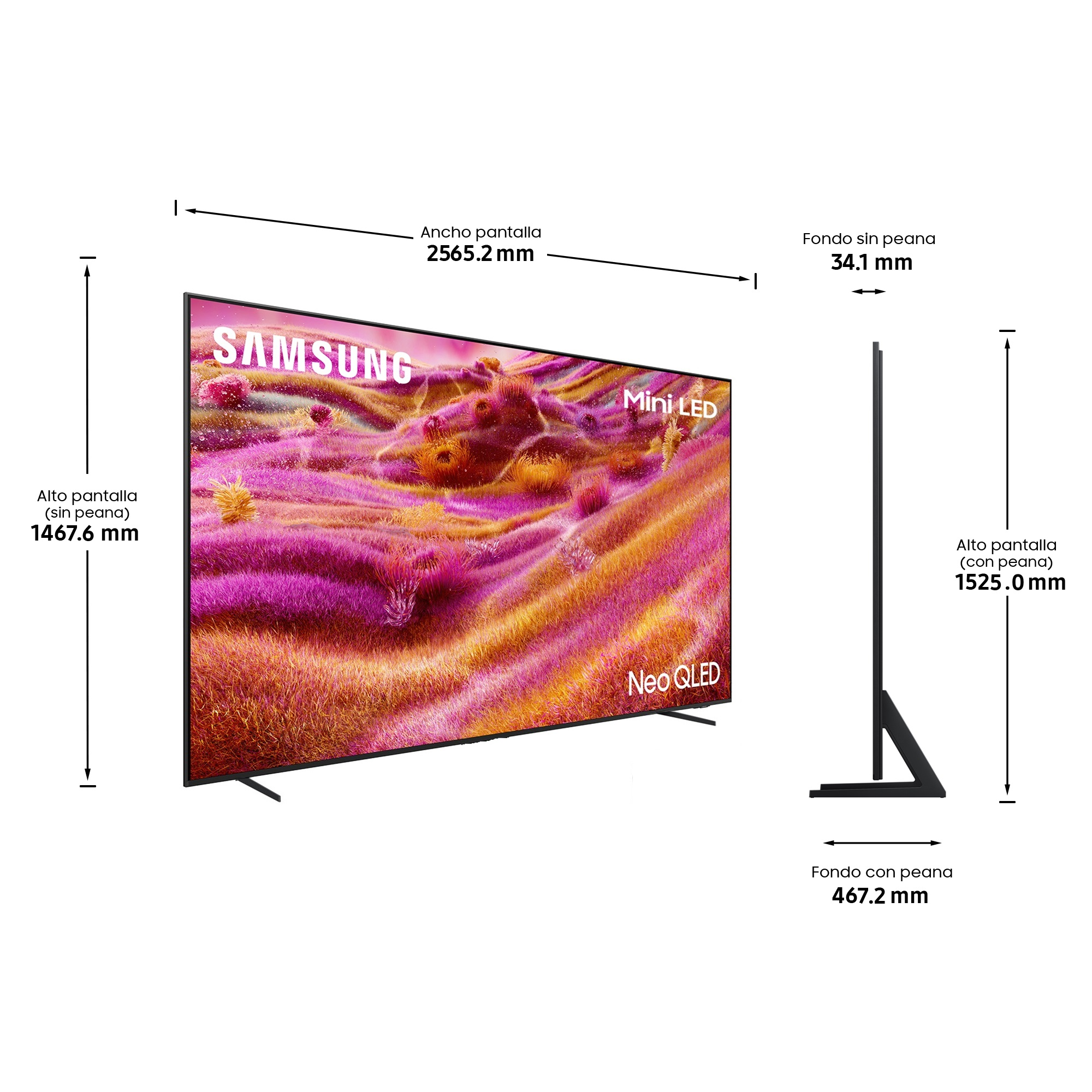 Se muestra un televisor Samsung Neo QLED, mostrando sus dimensiones y características. La pantalla muestra arte abstracto colorido.