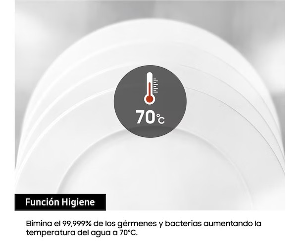 La imagen muestra un termómetro a 70 grados Celsius, texto 'Función Higiene' y texto que describe la eliminación de gérmenes y bacterias a 70°C.