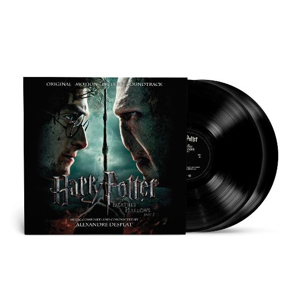 Harry Potter filmzenei bakelit. A borítón Harry és Voldemort látható. Fekete bakelit lemezek a jobb oldalon.