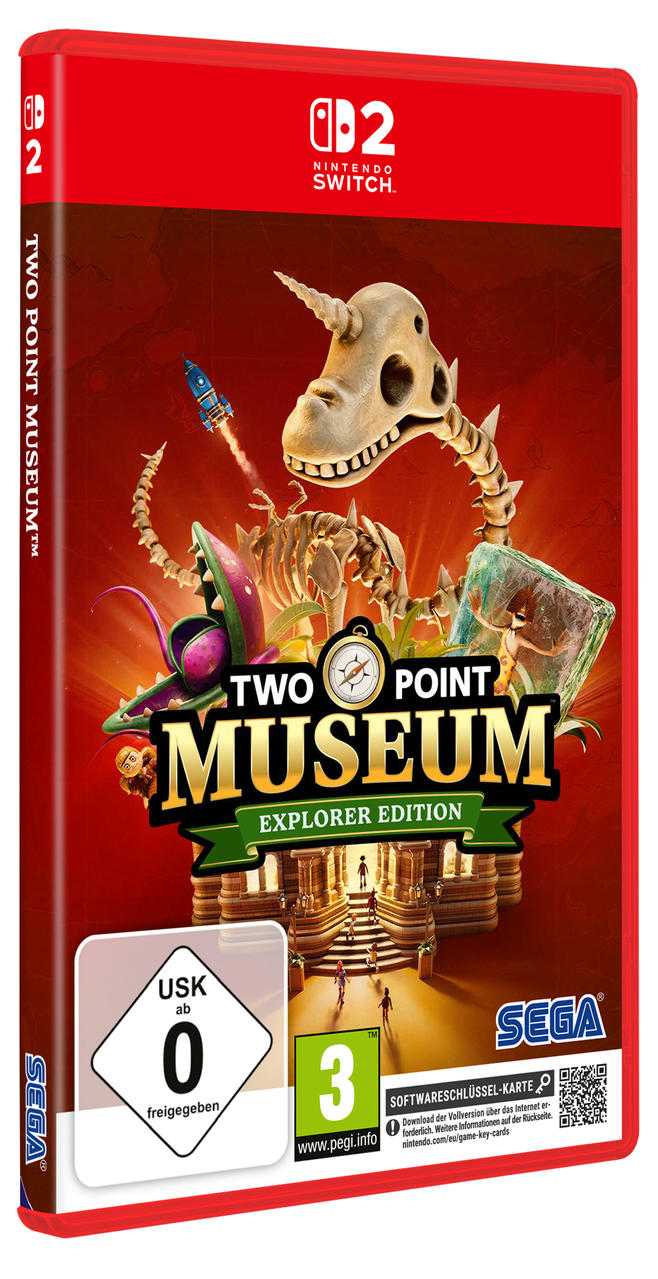 Spielbox-Art für 'Two Point Museum: Explorer Edition'. Es zeigt ein Skelettdinosaurier, eine Rakete und den Spieletitel.