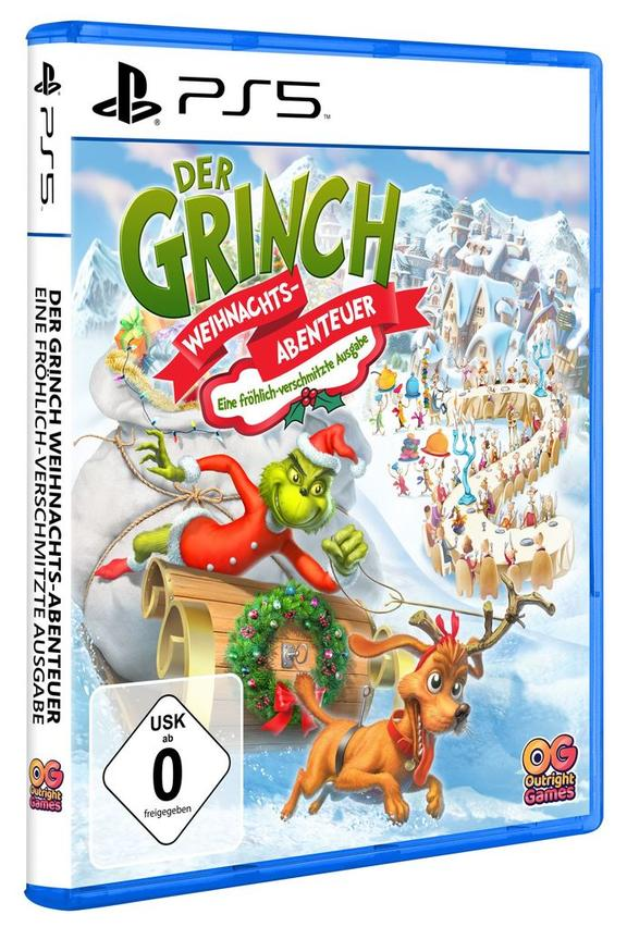 Der Grinch und sein Hund Max auf einem Schlitten vor einer verschneiten Stadt. PS5 Spiel.