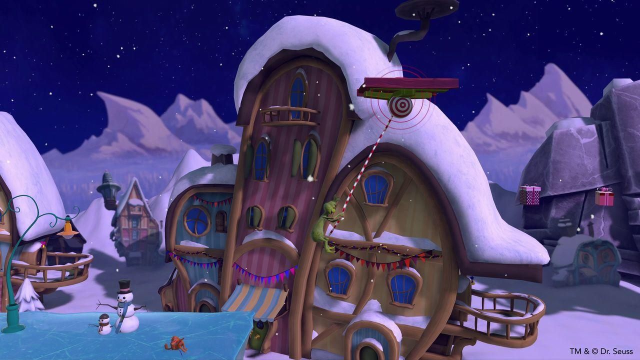Eine Cartoon-Winterszene mit einem Grinch, schneebedeckten Gebäuden, Schneemännern und Geschenkboxen. Der Grinch klettert ein Seil hinauf.