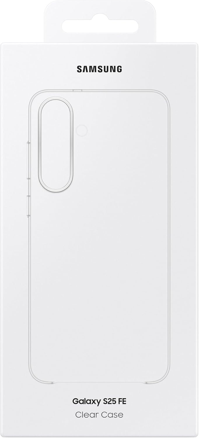Weiße Samsung Galaxy S25 FE-Hülle. Auf der Verpackung steht Samsung und der Telefonumriss. Der Text 'Galaxy S25 FE Clear Case' steht unten.