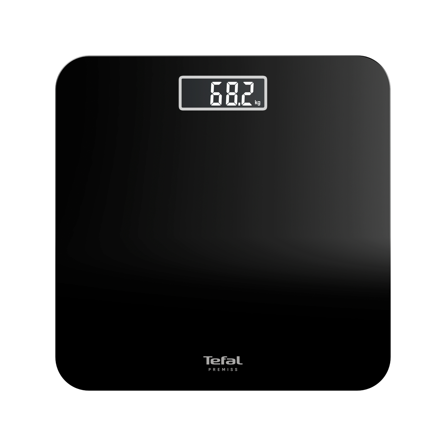 Zwarte digitale weegschaal met 68,2 kg. De weegschaal is van Tefal Premiss.