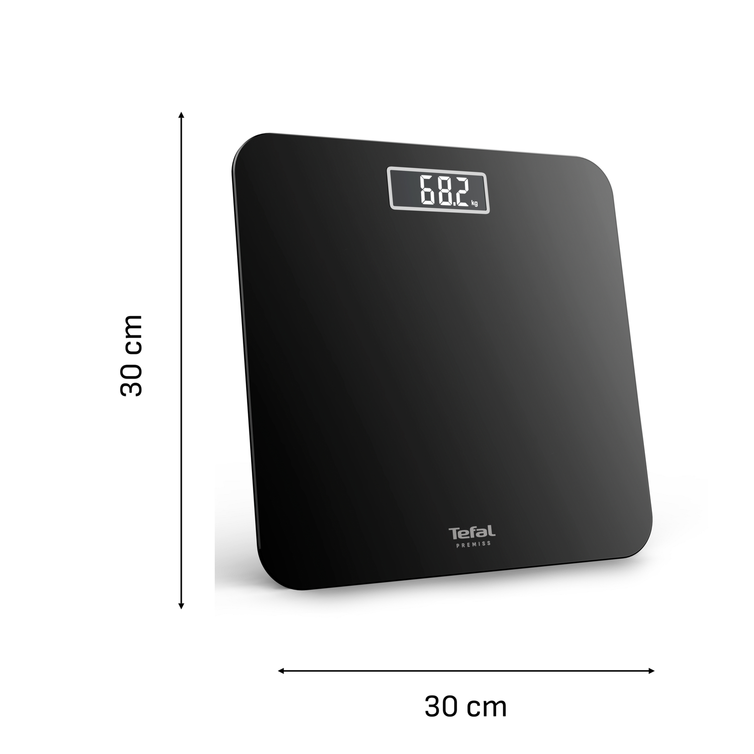 Een zwarte Tefal weegschaal toont 68,2 kg. De weegschaal is 30x30 cm. De achtergrond is wit.