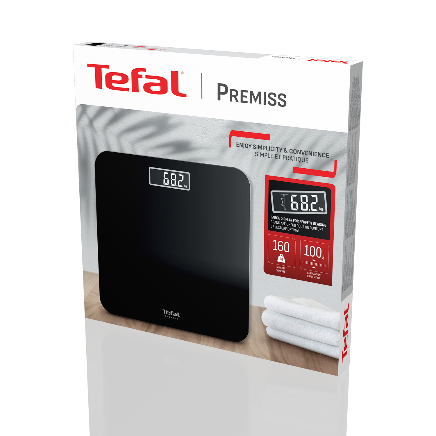 Een zwarte digitale Tefal Premiss weegschaal in de verpakking. Het display toont 68,2 kg. De doos vermeldt capaciteit en gradatie.