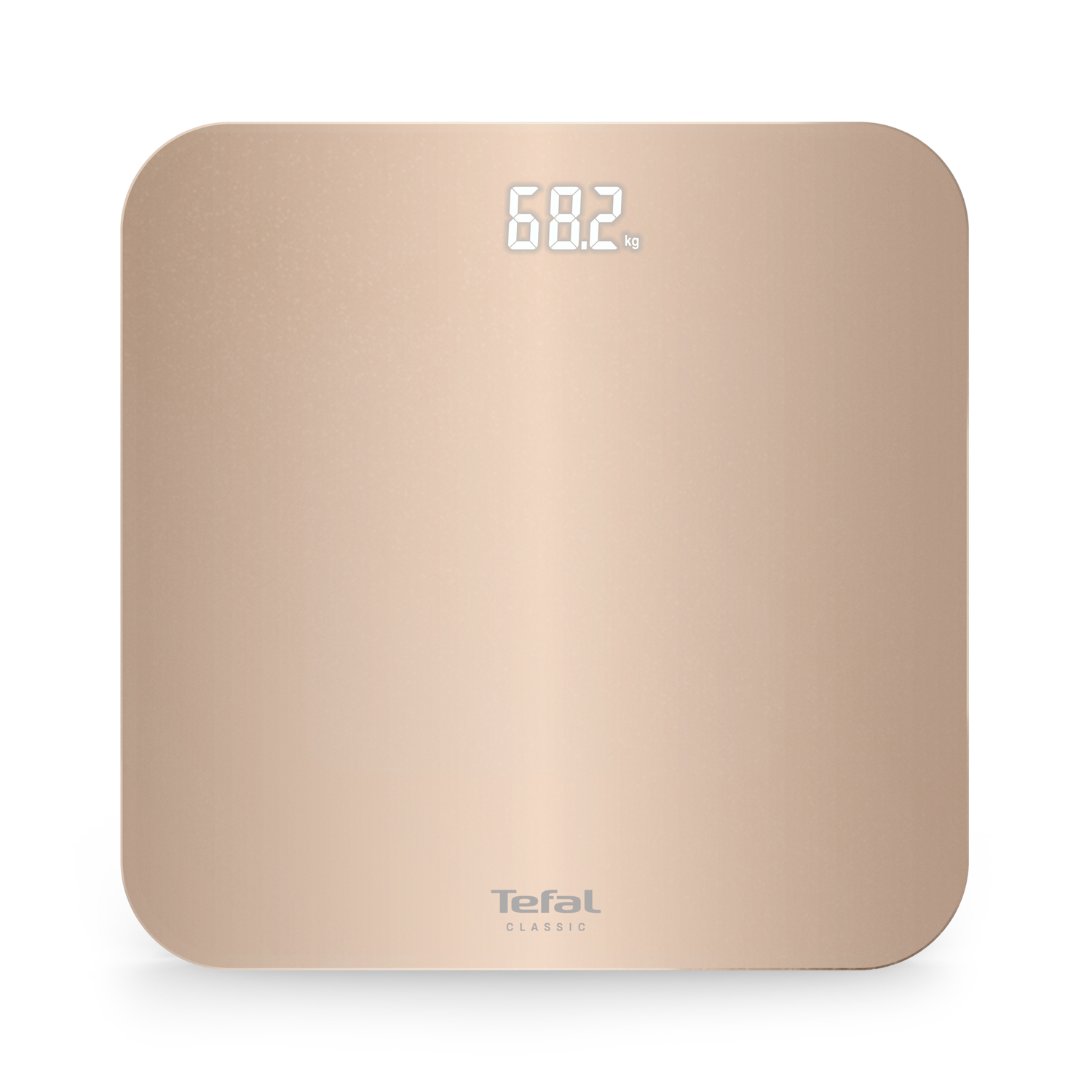 A gold-colored Tefal Classic digital bathroom scale displays 68.2 kg. The scale is square with rounded corners, set against a white background.