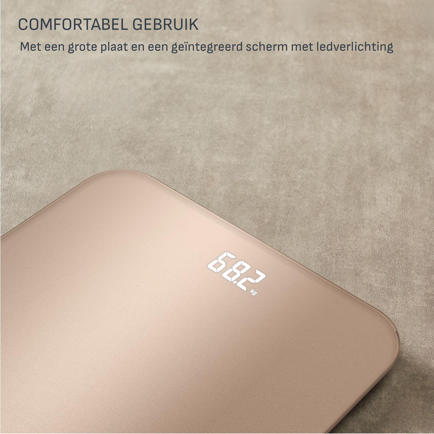 A digital scale displays 68.2 kg. The scale is beige, on a neutral backdrop. Text at the top says 'Comfortable Use'.