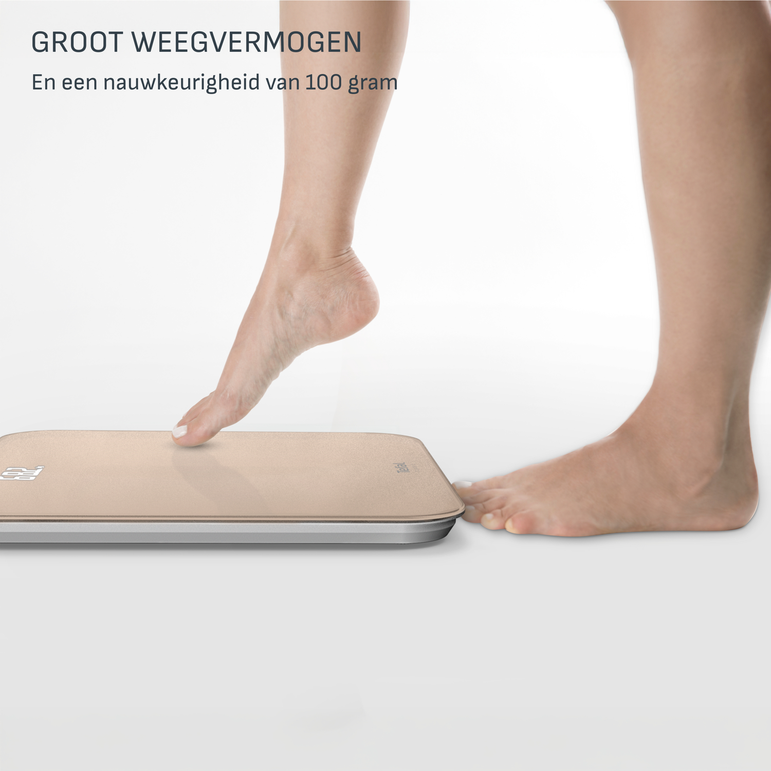 A person's feet on a beige scale. One foot is on the scale, while the other is about to step on it, against a white background.