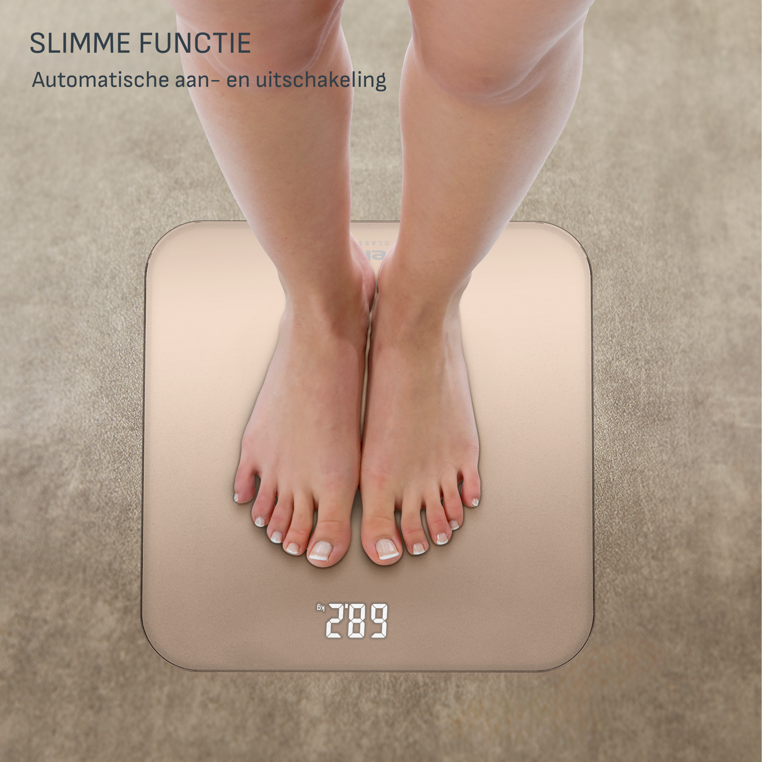 Bare feet stand on a digital scale. The scale displays '289' in white digits. The background is a neutral beige.