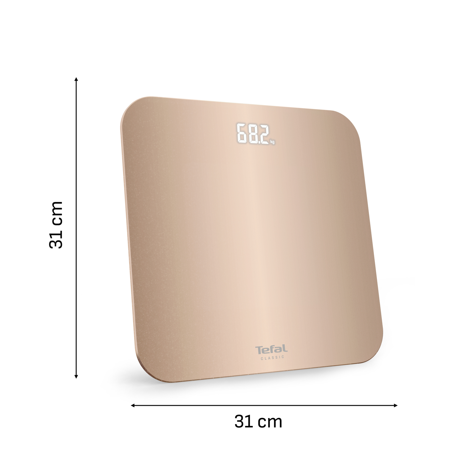 A rose-gold digital bathroom scale displays 68.2 kg. It is 31 cm wide and 31 cm long. The brand name is Tefal Classic.