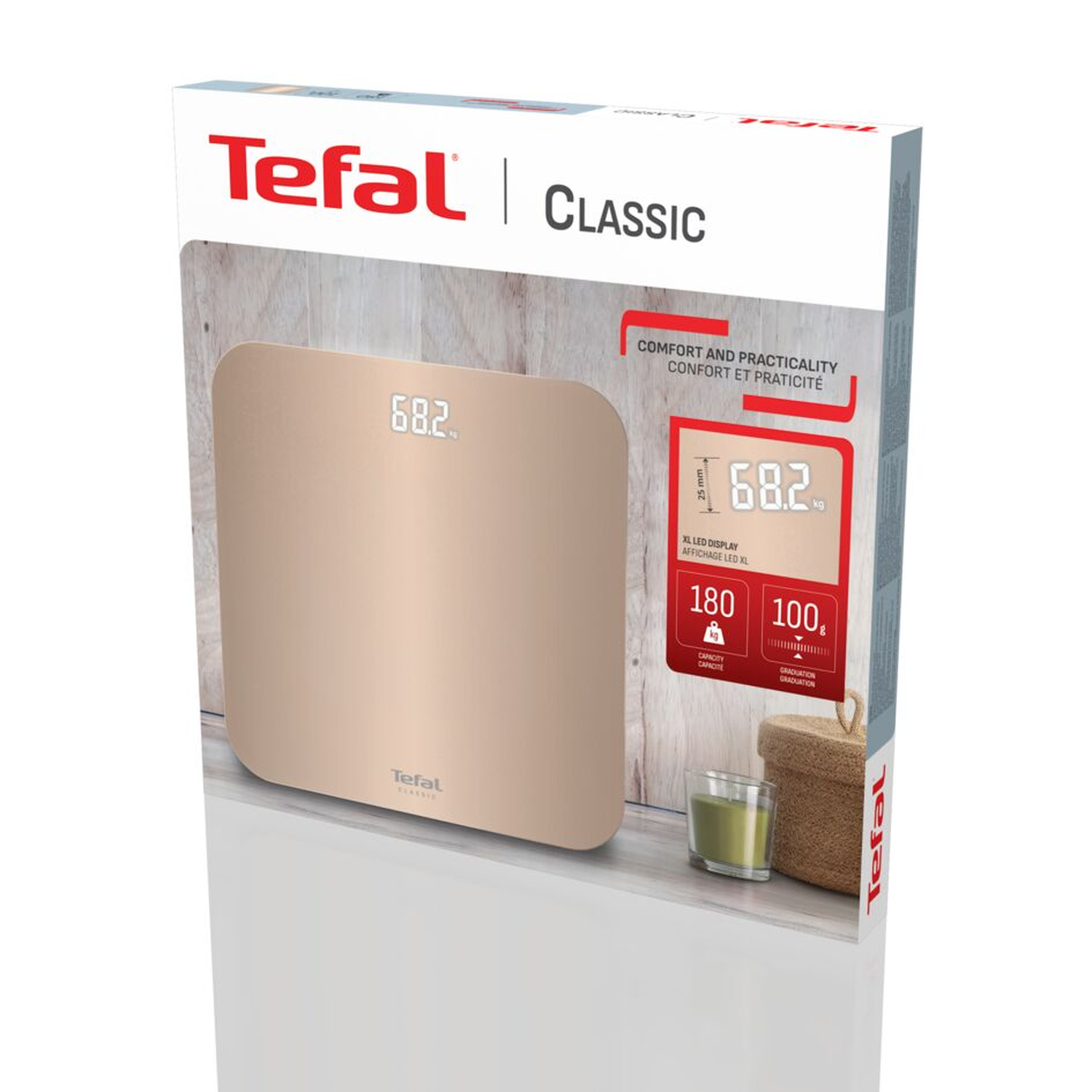 Tefal Classic bathroom scale. Display shows 68.2. Box mentions comfort and practicality. Includes capacity and graduation details.