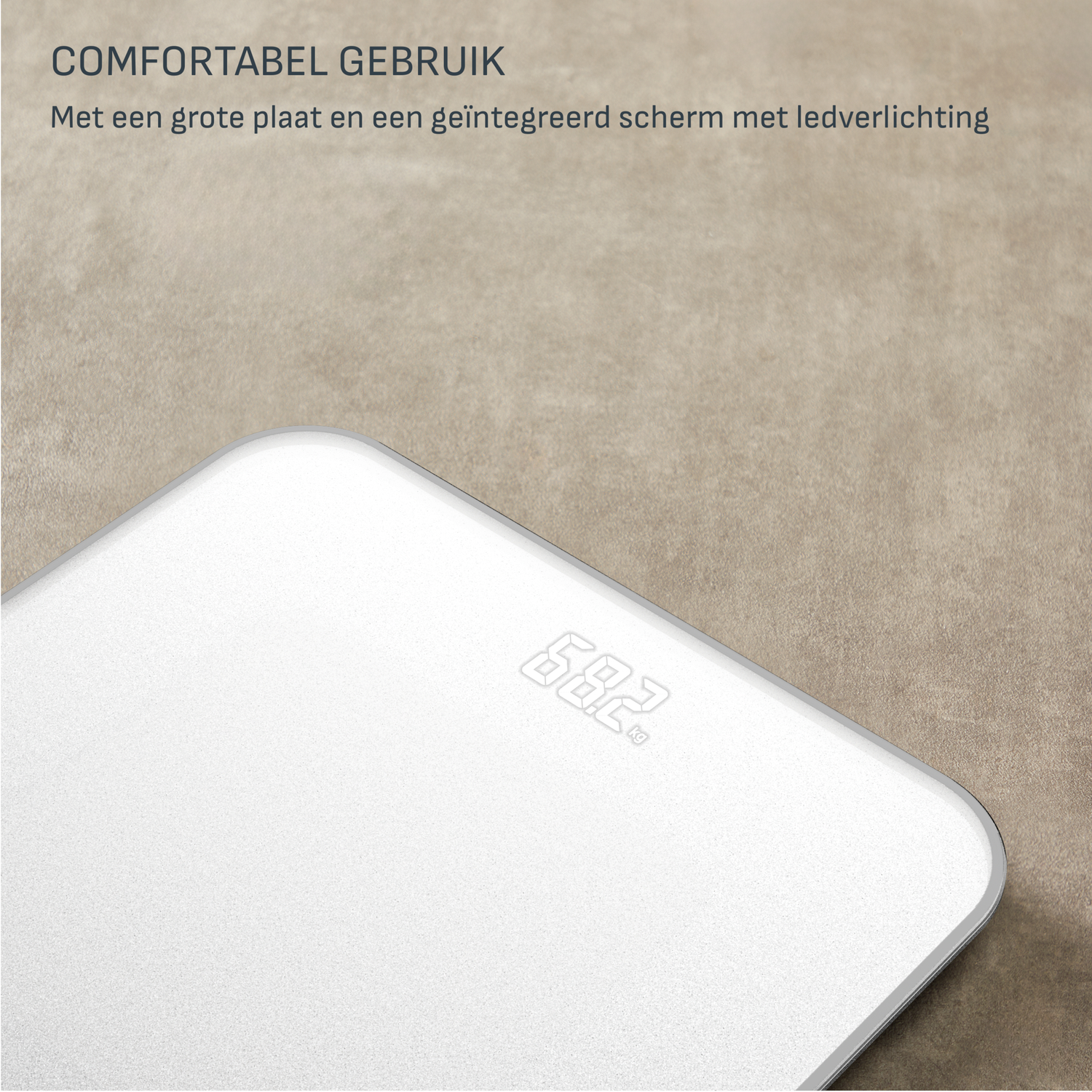 A white digital scale displays 68.2 kg. The scale is on a beige surface. Text at the top says 'Comfortable Use'.