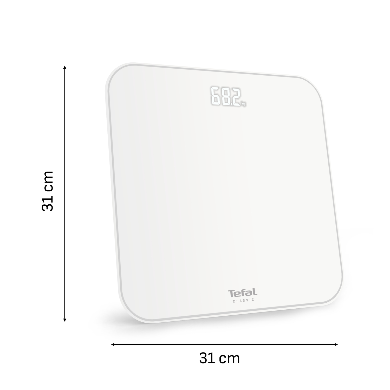 A white Tefal Classic digital scale. Display shows 68.2 kg. Dimensions are 31 cm x 31 cm. The scale is slightly angled.