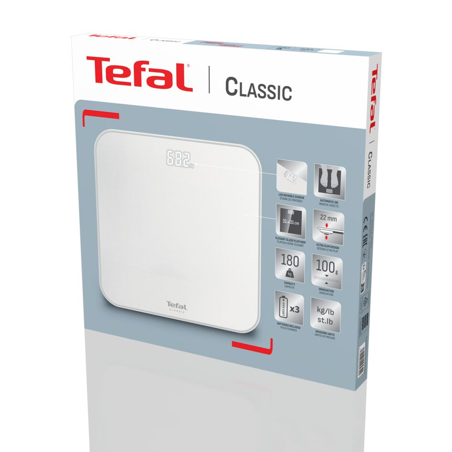 A Tefal Classic scale box. It shows the scale, features, and specifications, including weight capacity and dimensions.