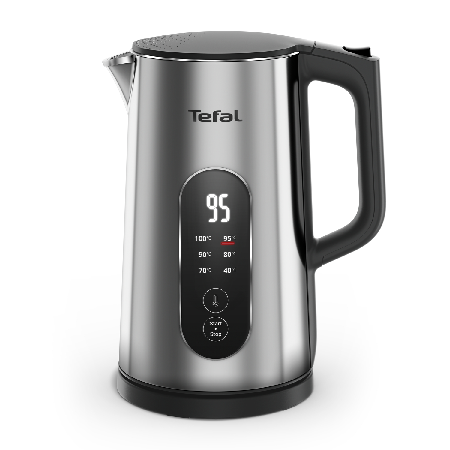 A stainless steel Tefal electric kettle with a digital display showing 95°C. It has a black handle and base.