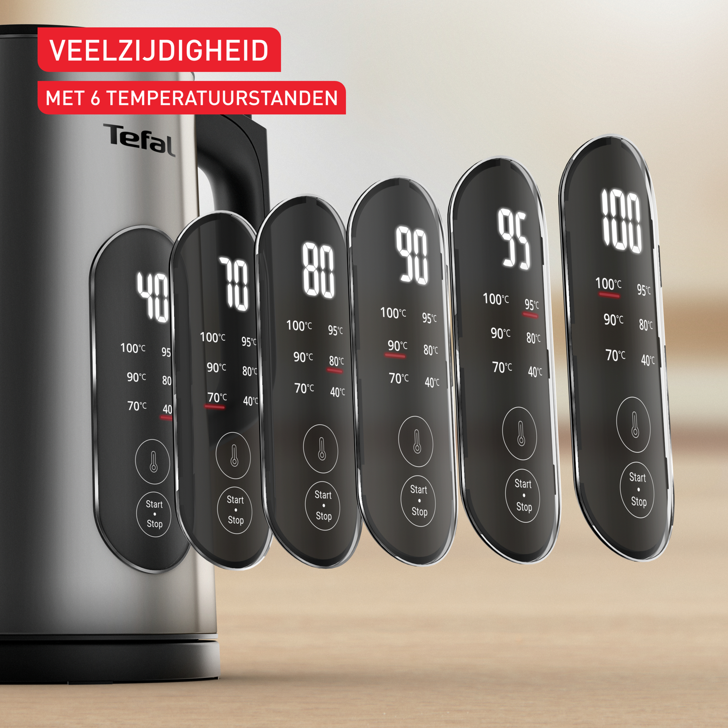 A Tefal kettle with 6 temperature settings displayed. The control panel shows temperatures from 40 to 100 degrees Celsius.